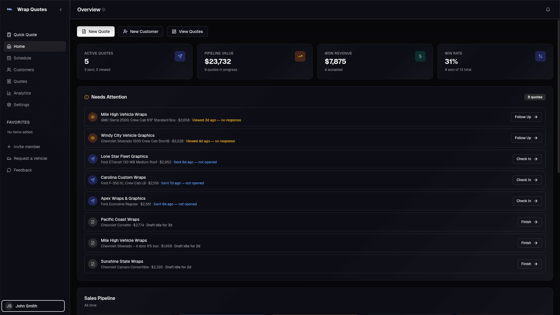 Wrap Quotes dashboard showing vehicle wrap quoting interface